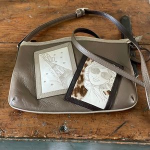 BRIGHTON LEATHER TAUPE SHOULDER BAG PARIS ANIMAL FUR BAG, like new.